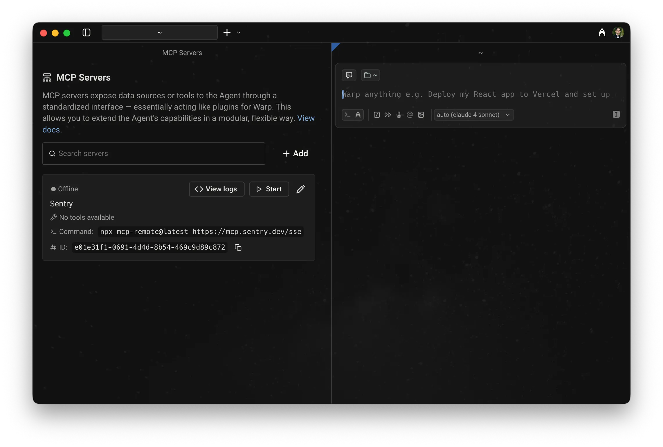 MCP servers page, showing a server with its UUID